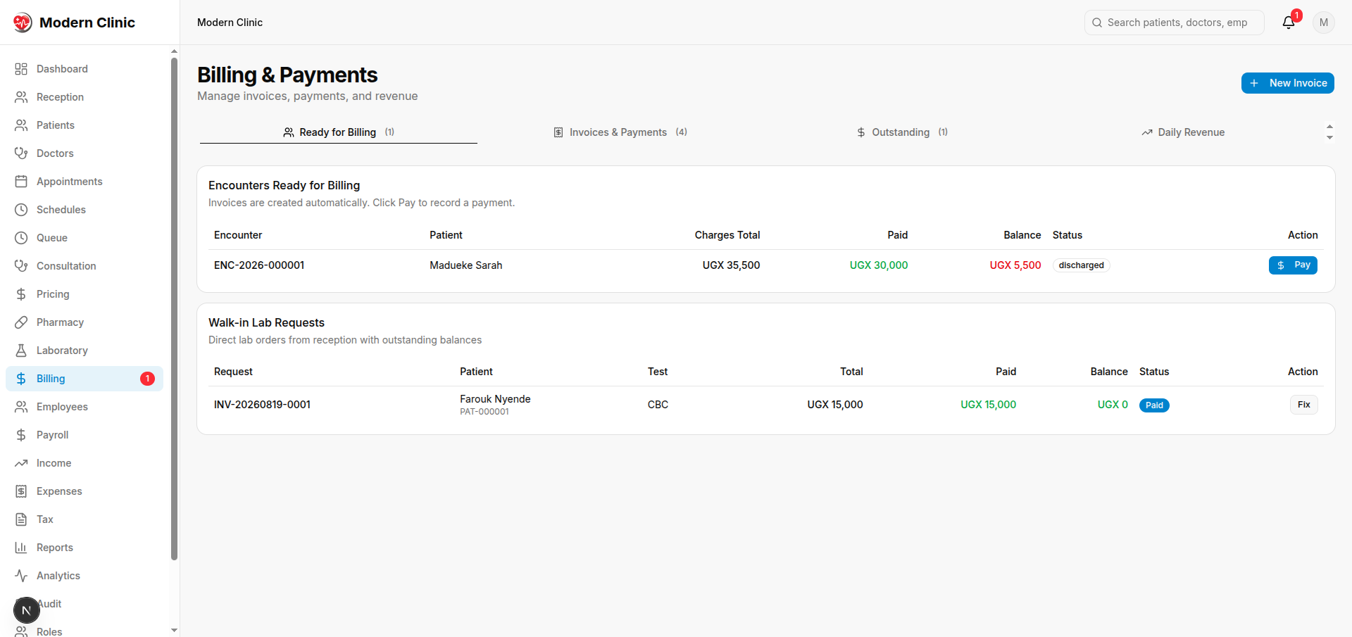 Modern Clinic billing screen with invoices and payments