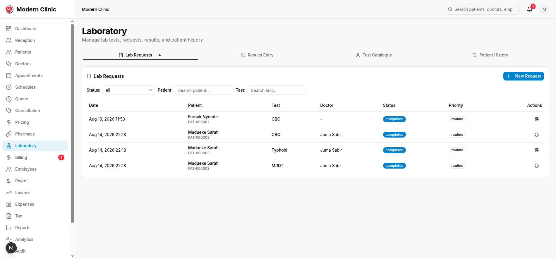 Modern Clinic laboratory dashboard showing test requests and results